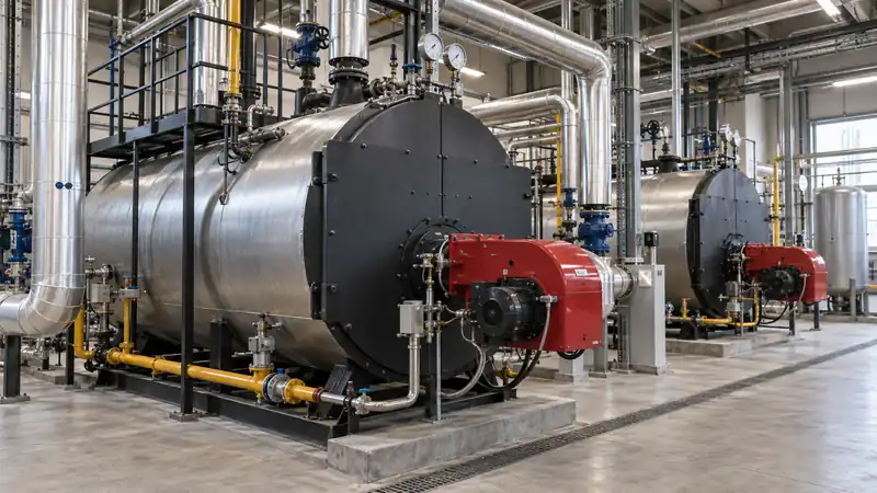 Industrial boiler room with steam boilers and insulated piping