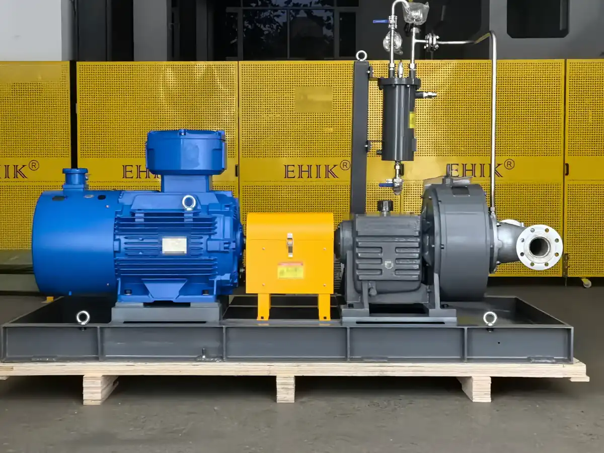 Complete EHIK pump set with pump, motor, yellow coupling guard and base